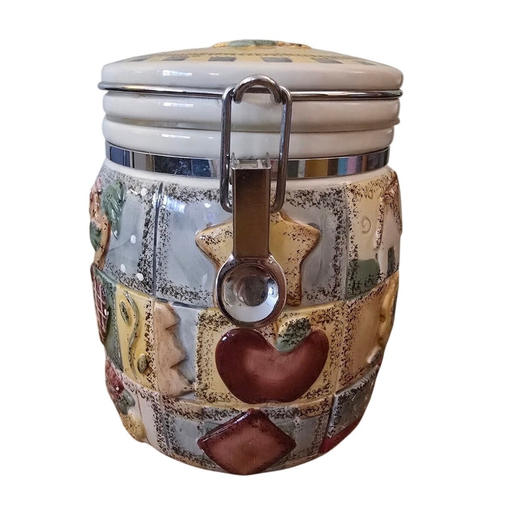 1990s Cottagecore Gibson Handpainted Ceramic Canister Sunflower Apple Patchwork